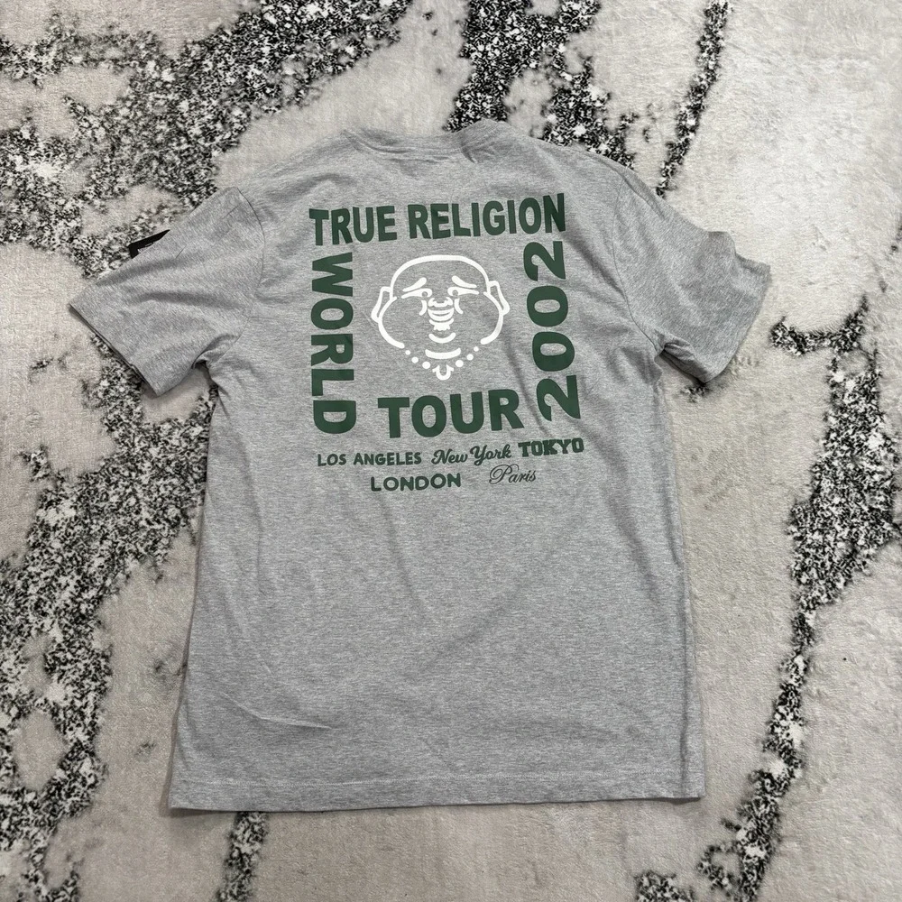True Religion Men's Size Large World Tour 2002 Logo T Shirt Heather Gray NWT
